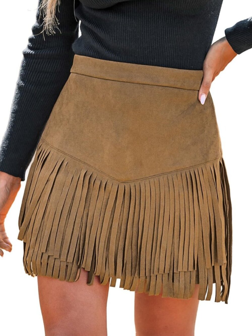 Women's Faux Suede Fringe Mini Skirt Suede High Waist Western